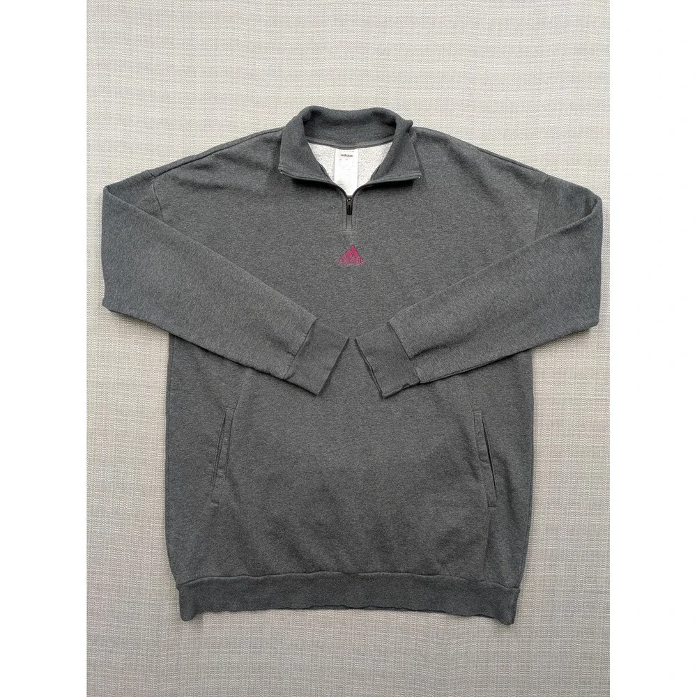 Adidas Sweatshirt Mens Large Gray 1/4 Zip Fleece Pullover Pink Logo Pockets